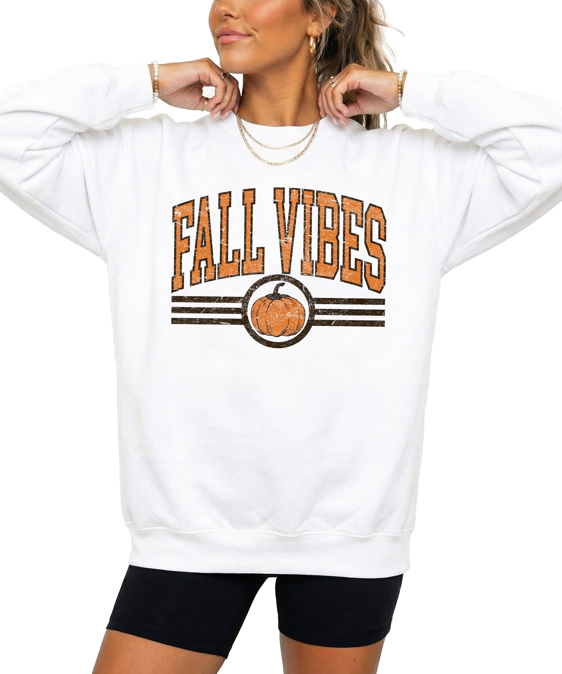Fall Vibes retro pumpkin graphic crewneck sweatshirt in White, front view