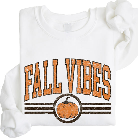 Fall Vibes retro pumpkin graphic crewneck sweatshirt in White, flat lay