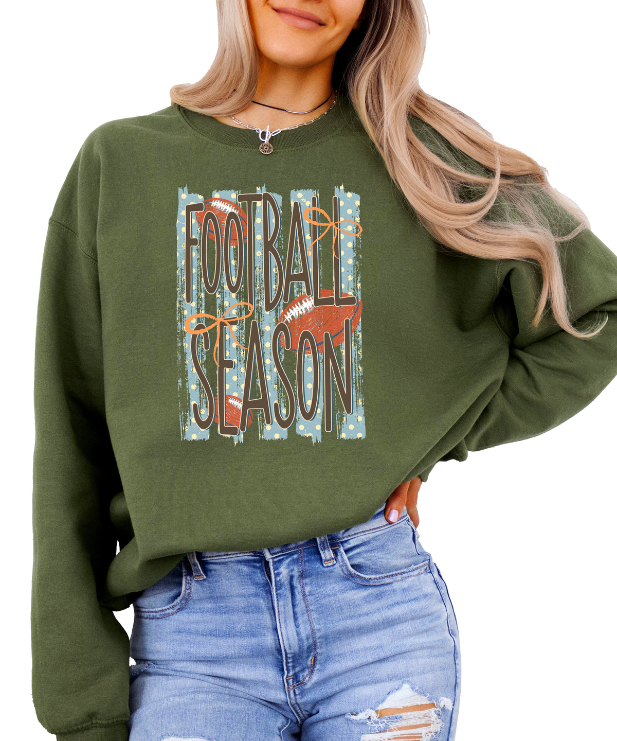 Football Season polka dot Army Green crewneck sweatshirt, view 1