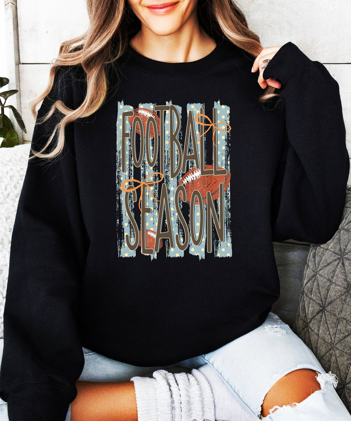 Football Season polka dot Black crewneck sweatshirt, view 6
