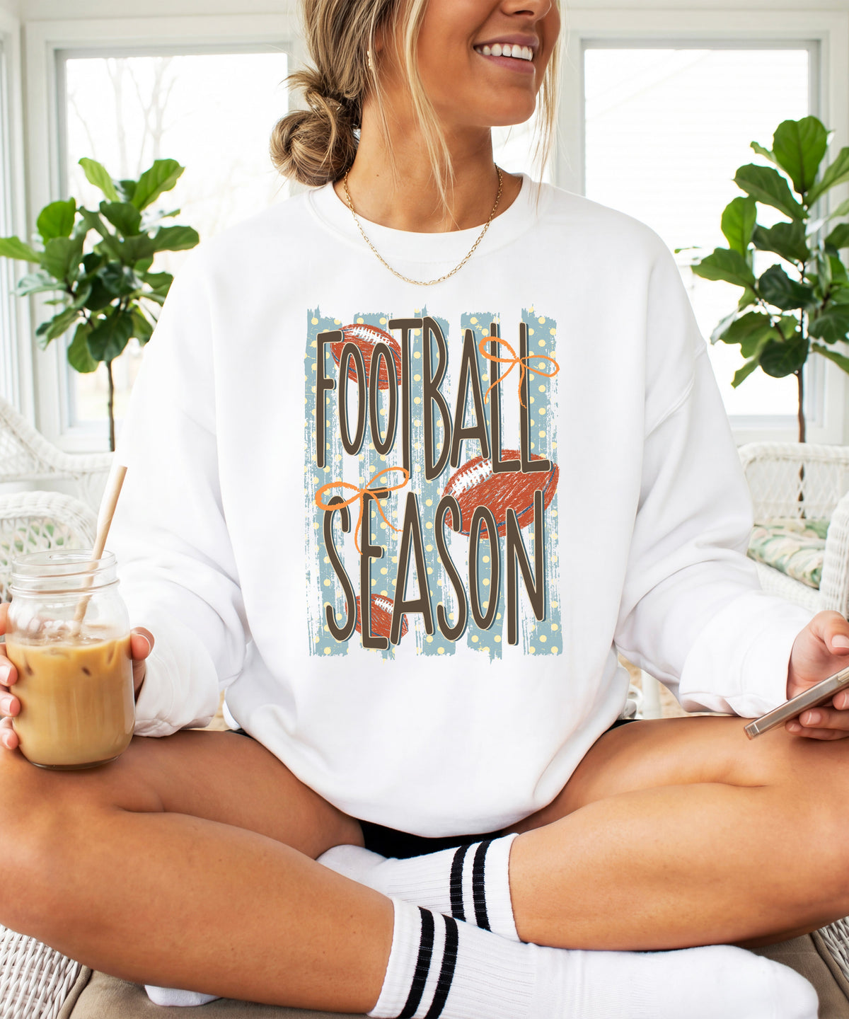 Football Season polka dot White crewneck sweatshirt, view 4