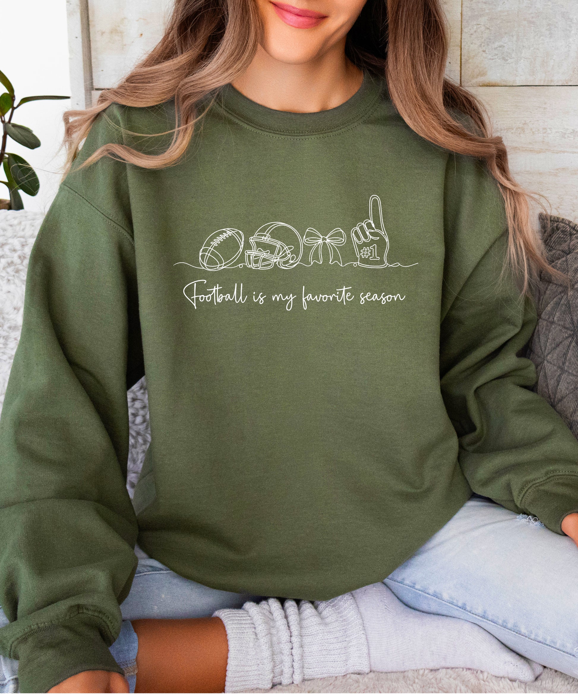 Football is My Favorite Season Army Green crewneck sweatshirt, view 6