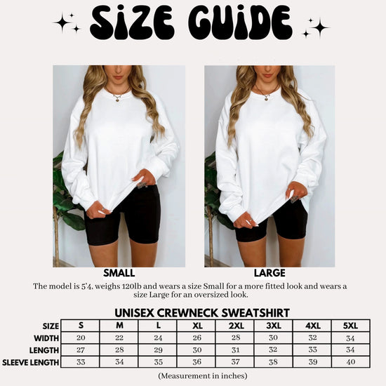 Womens sweatshirt size chart, sizes Small through X-Large