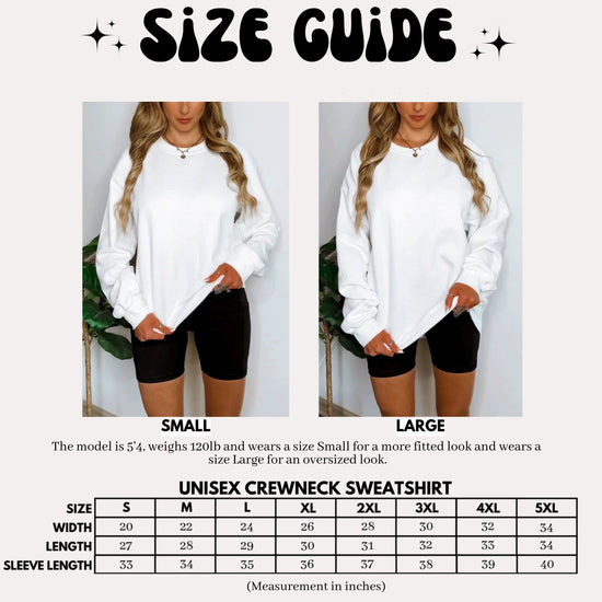 Womens sweatshirt size chart, sizes Small through X-Large