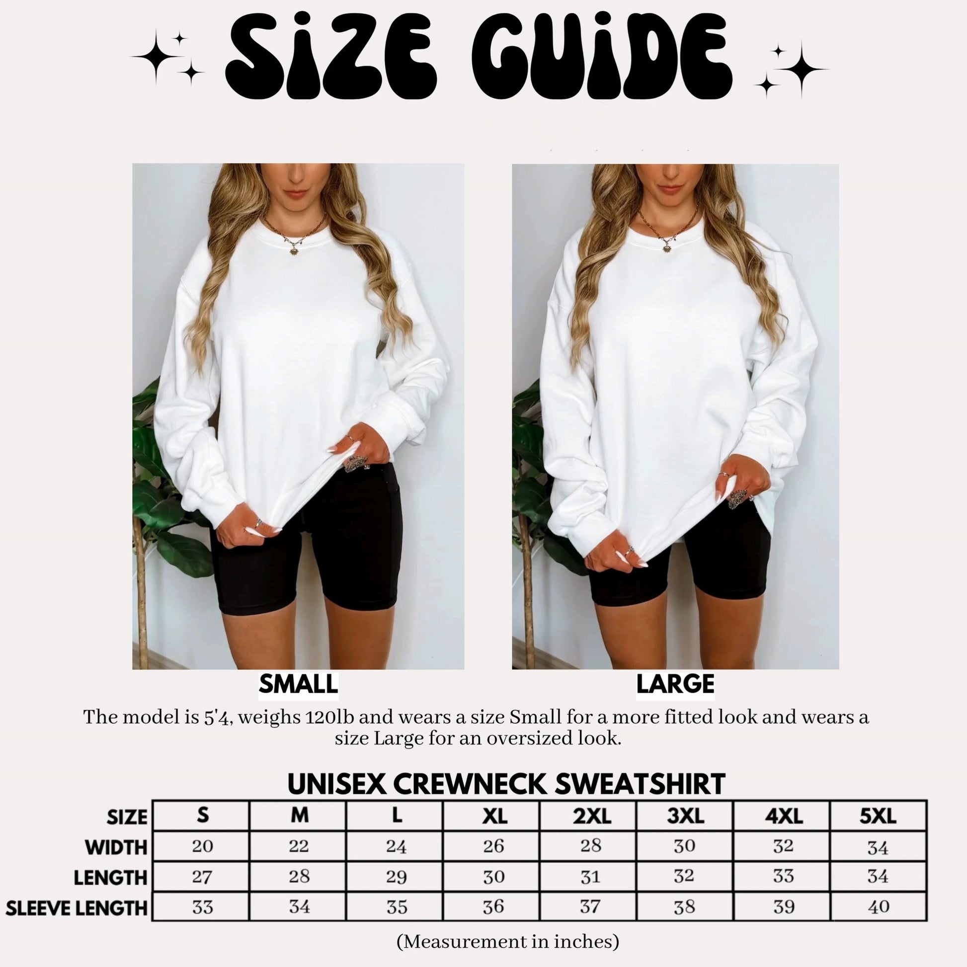 Womens sweatshirt size chart, sizes Small through X-Large