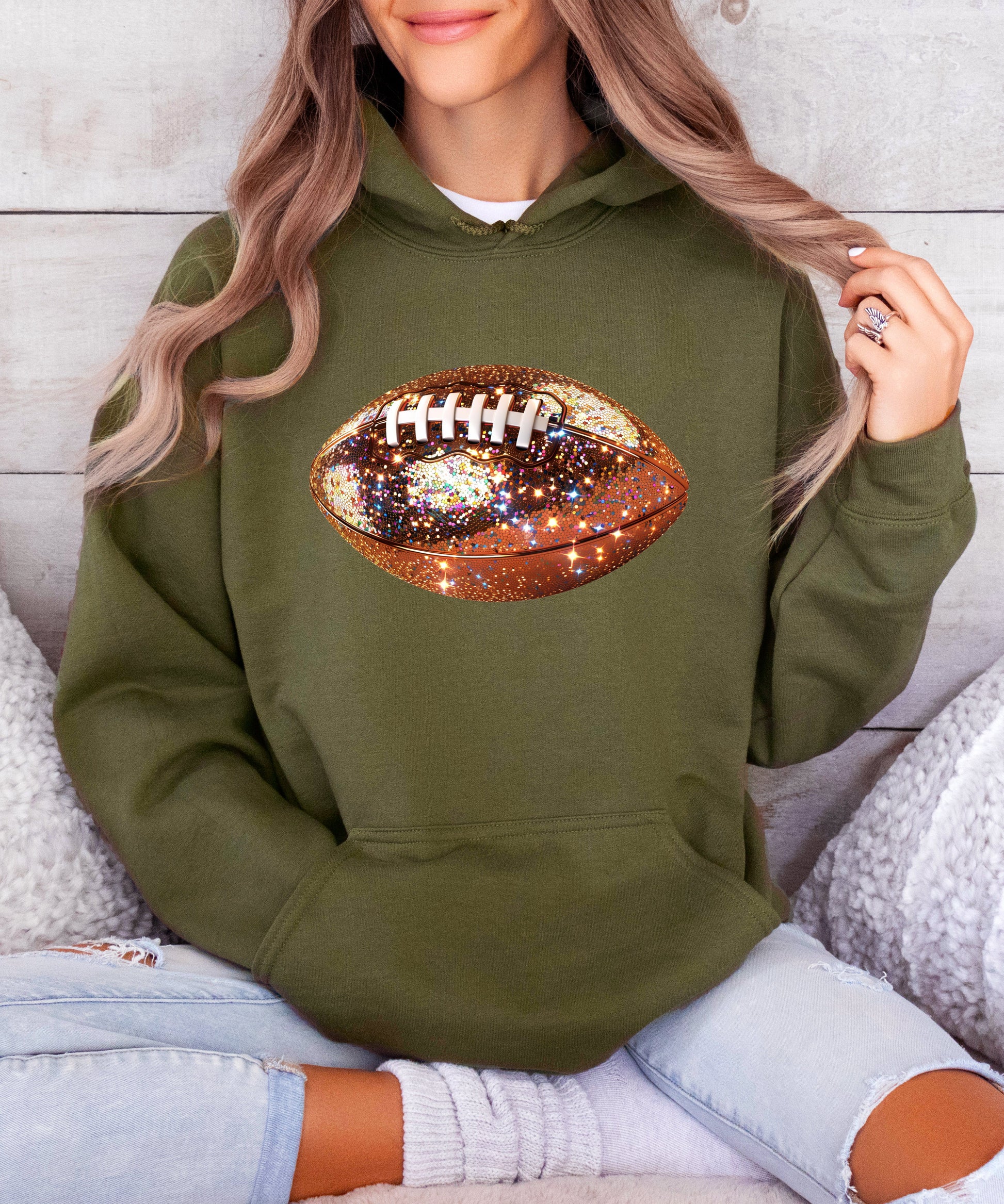 Glitter Football Hoodie - Army Green - 7