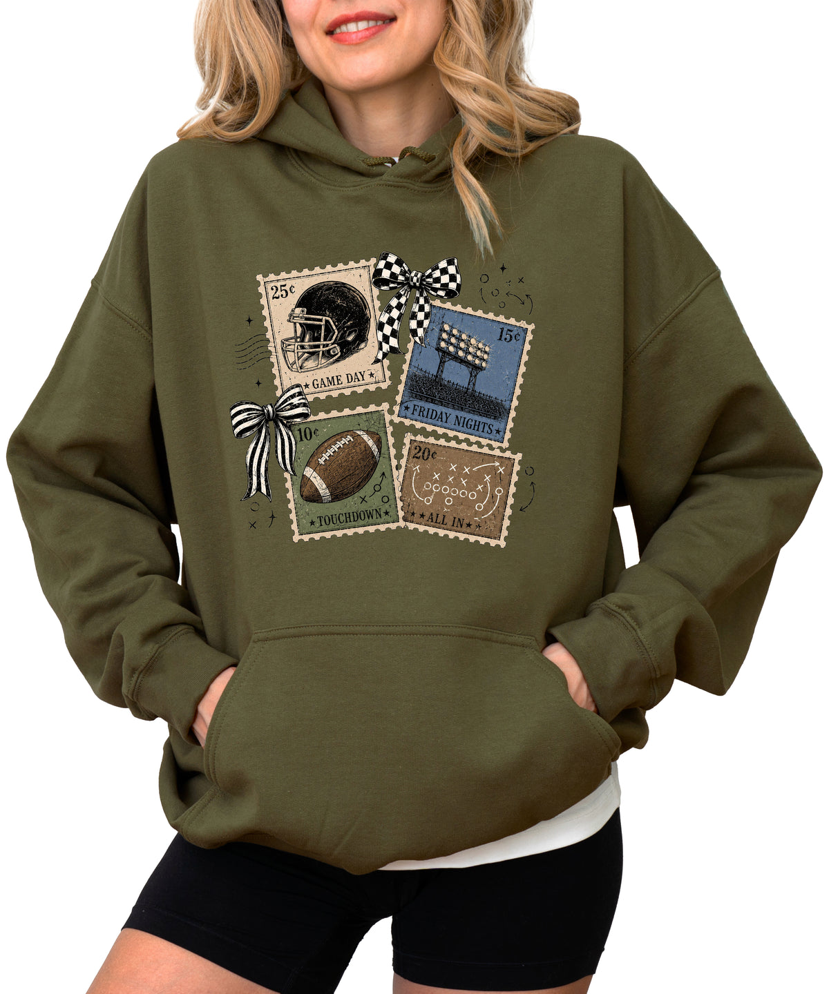 Vintage football stamps coquette bow hoodie, Army Green Hoodie, view 1