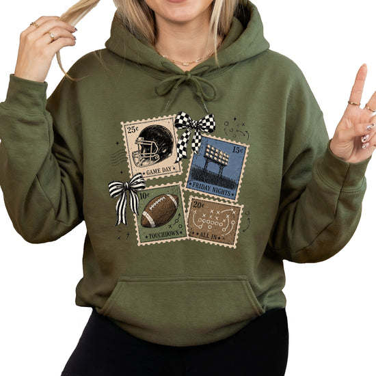 Vintage football stamps coquette bow hoodie, Army Green Hoodie, view 2