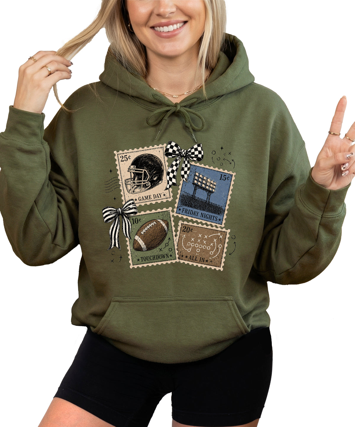 Vintage football stamps coquette bow hoodie, Army Green Hoodie, view 2