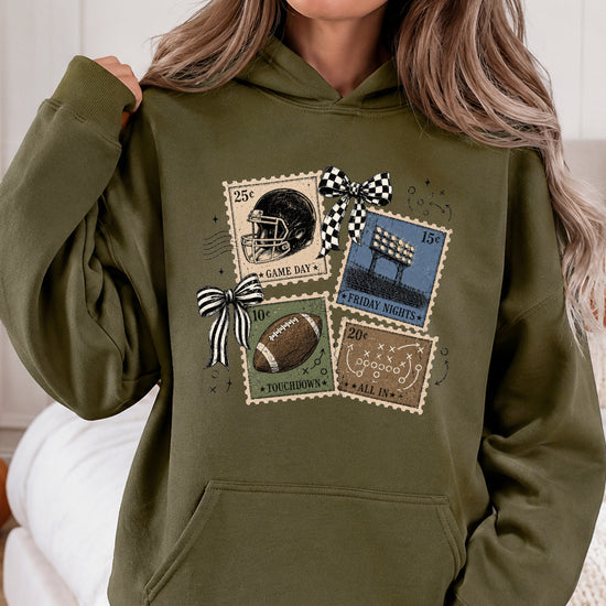 Vintage football stamps coquette bow hoodie, Army Green Hoodie, view 3