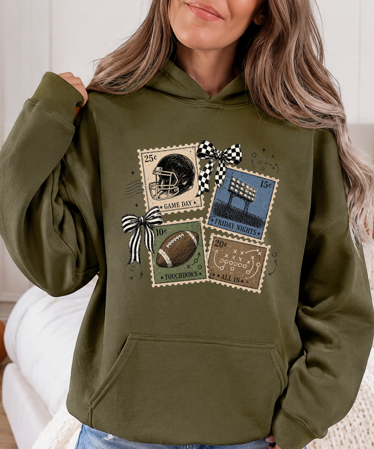 Vintage football stamps coquette bow hoodie, Army Green Hoodie, view 3