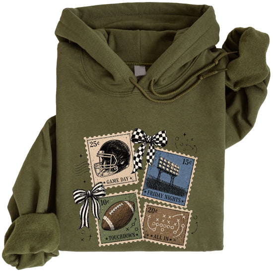 Vintage football stamps coquette bow hoodie, Army Green Hoodie, view 4