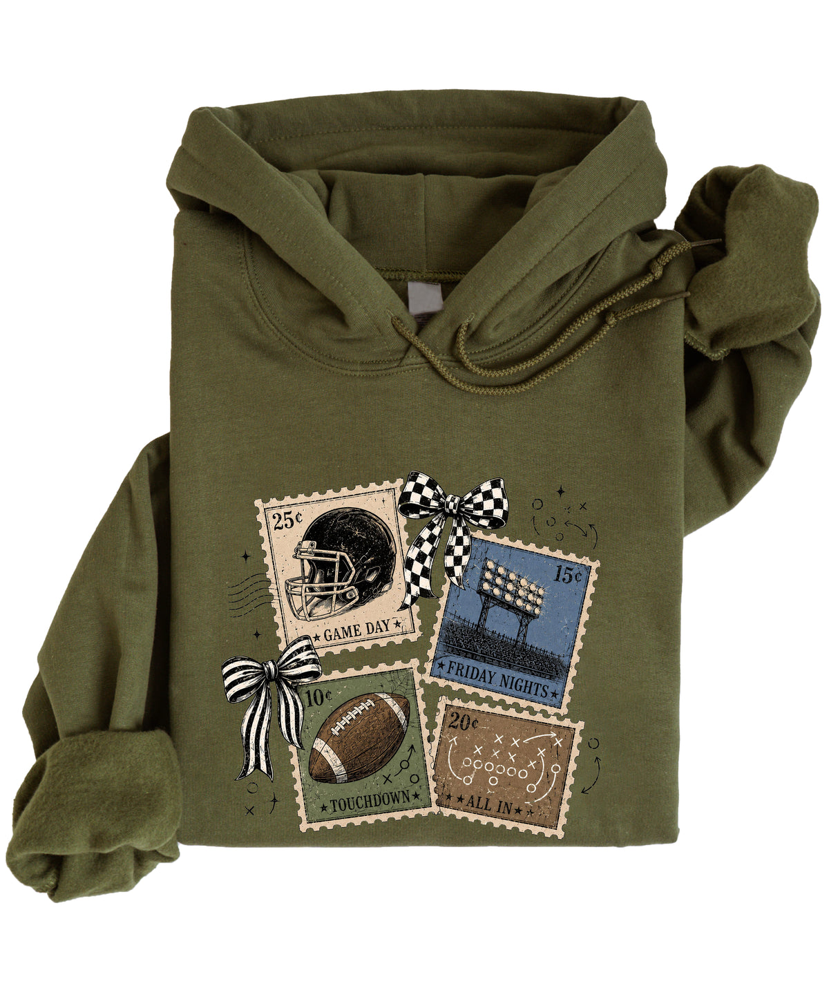 Vintage football stamps coquette bow hoodie, Army Green Hoodie, view 4