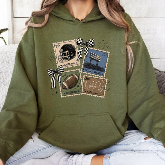 Vintage football stamps coquette bow hoodie, Army Green Hoodie, view 6