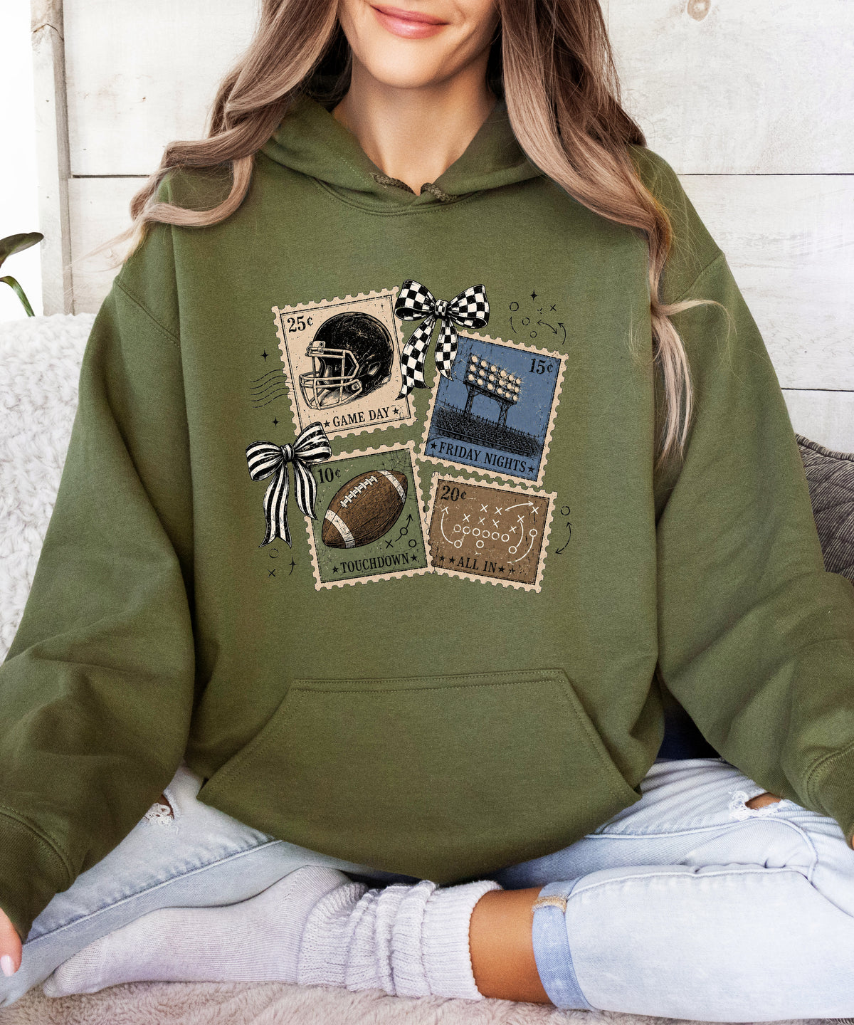 Vintage football stamps coquette bow hoodie, Army Green Hoodie, view 6