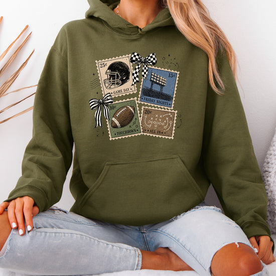 Vintage football stamps coquette bow hoodie, Army Green Hoodie, view 7