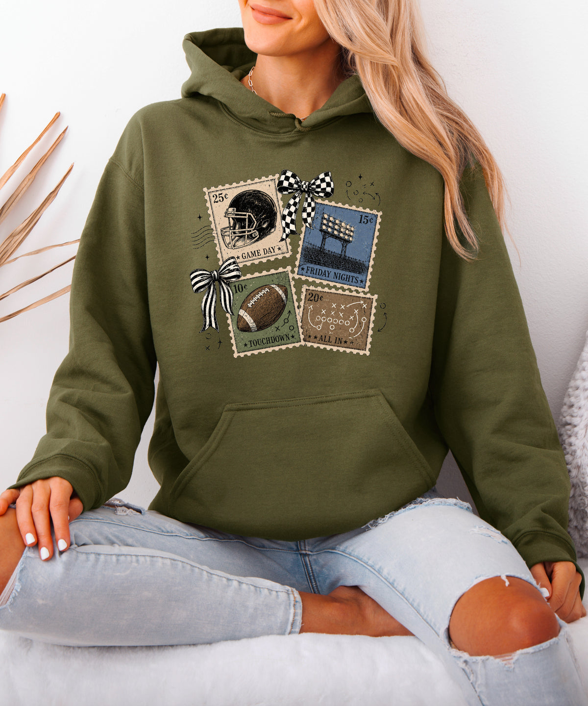 Vintage football stamps coquette bow hoodie, Army Green Hoodie, view 7