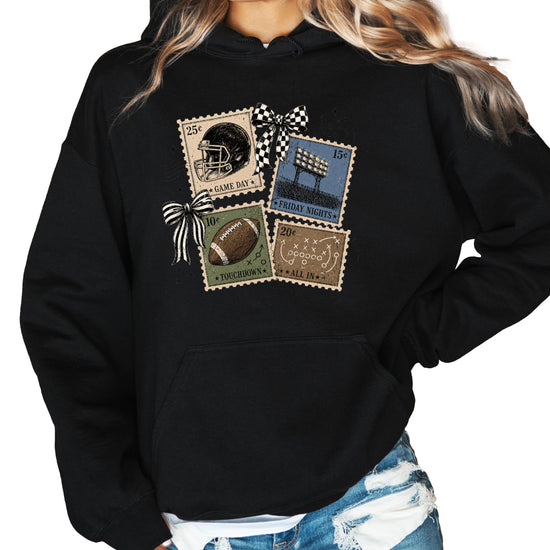Vintage football stamps coquette bow hoodie, Black Hoodie, view 1