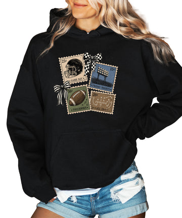 Vintage football stamps coquette bow hoodie, Black Hoodie, view 1