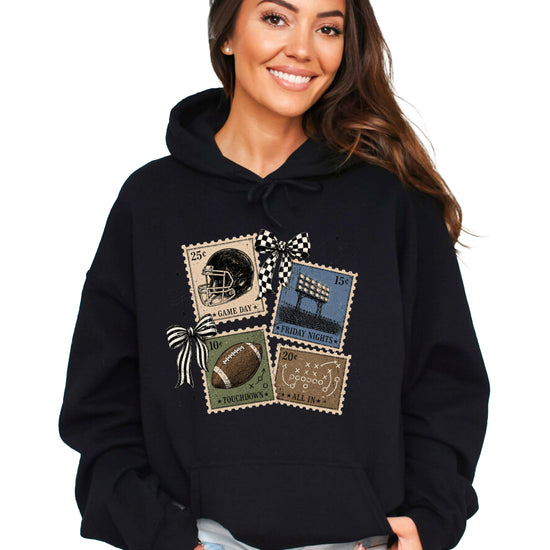 Vintage football stamps coquette bow hoodie, Black Hoodie, view 2