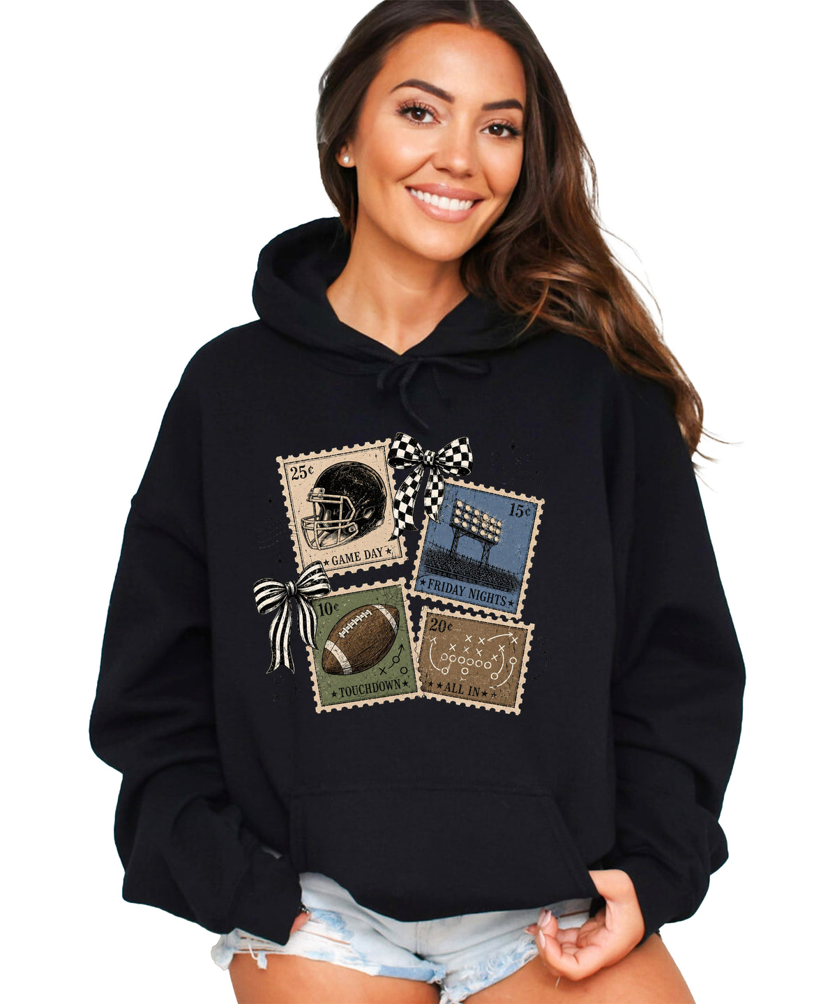 Vintage football stamps coquette bow hoodie, Black Hoodie, view 2