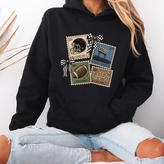 Vintage football stamps coquette bow hoodie, Black Hoodie, view 3