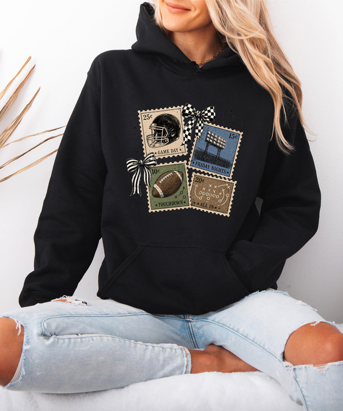 Vintage football stamps coquette bow hoodie, Black Hoodie, view 3