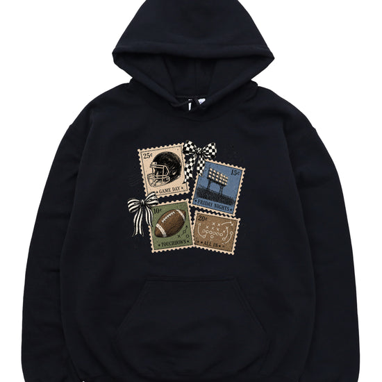 Vintage football stamps coquette bow hoodie, Black Hoodie, view 4