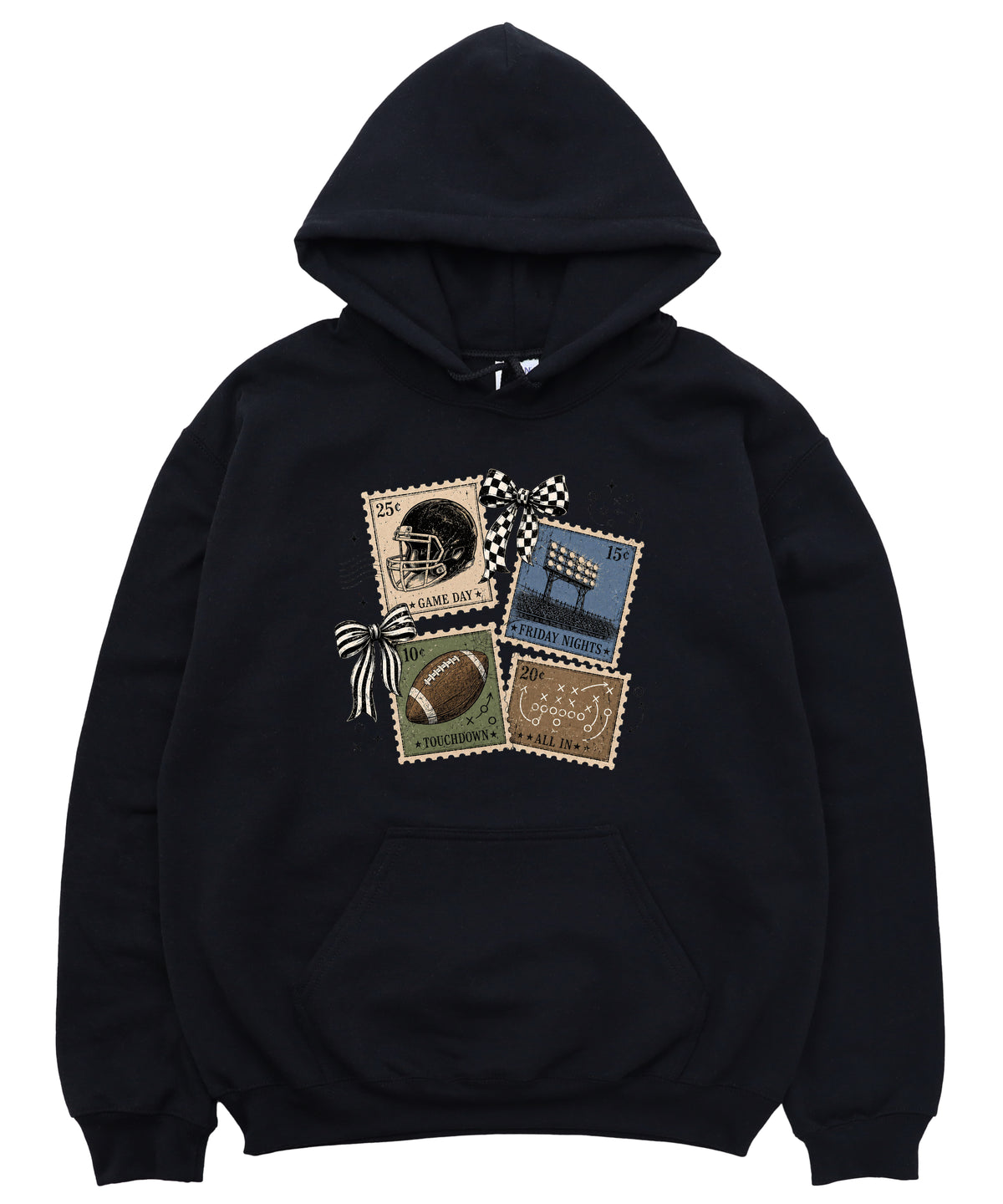 Vintage football stamps coquette bow hoodie, Black Hoodie, view 4