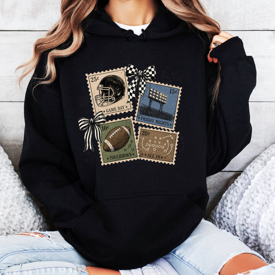 Vintage football stamps coquette bow hoodie, Black Hoodie, view 5