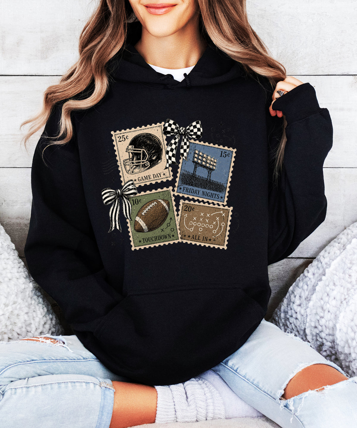 Vintage football stamps coquette bow hoodie, Black Hoodie, view 5