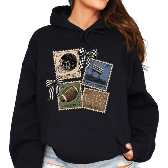 Vintage football stamps coquette bow hoodie, Black Hoodie, view 6