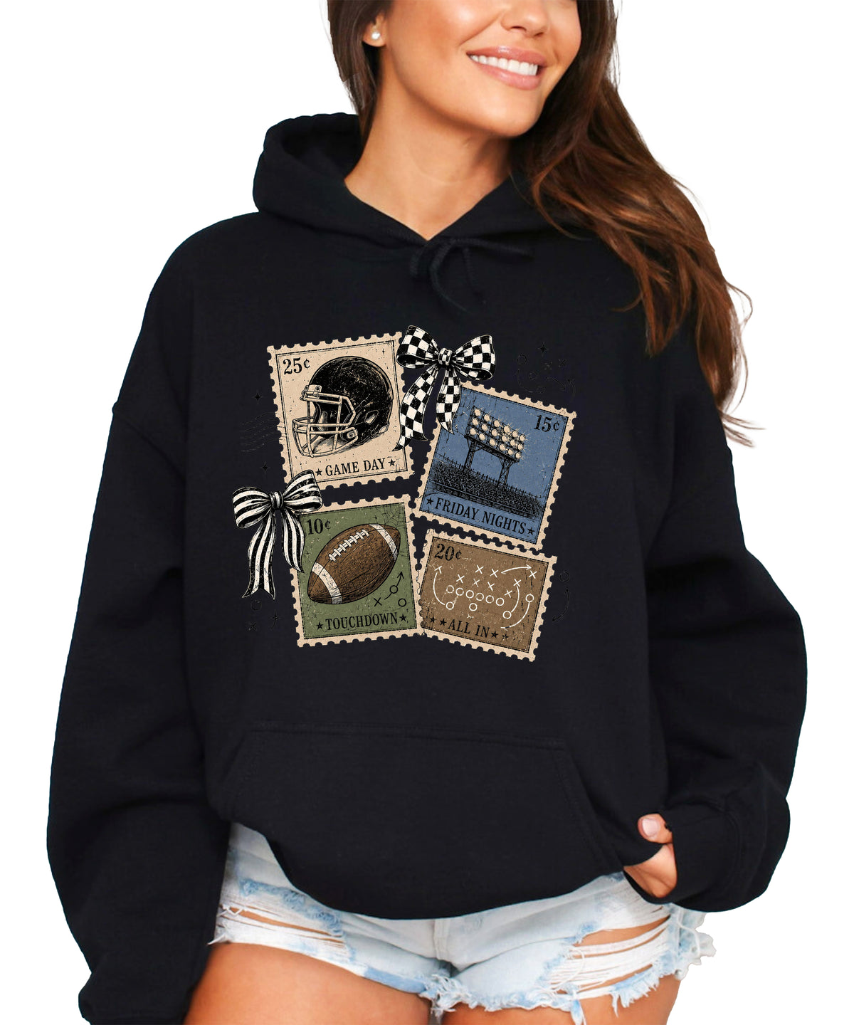 Vintage football stamps coquette bow hoodie, Black Hoodie, view 6