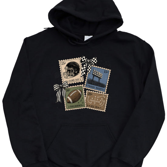 Vintage football stamps coquette bow hoodie, Black Hoodie, view 7