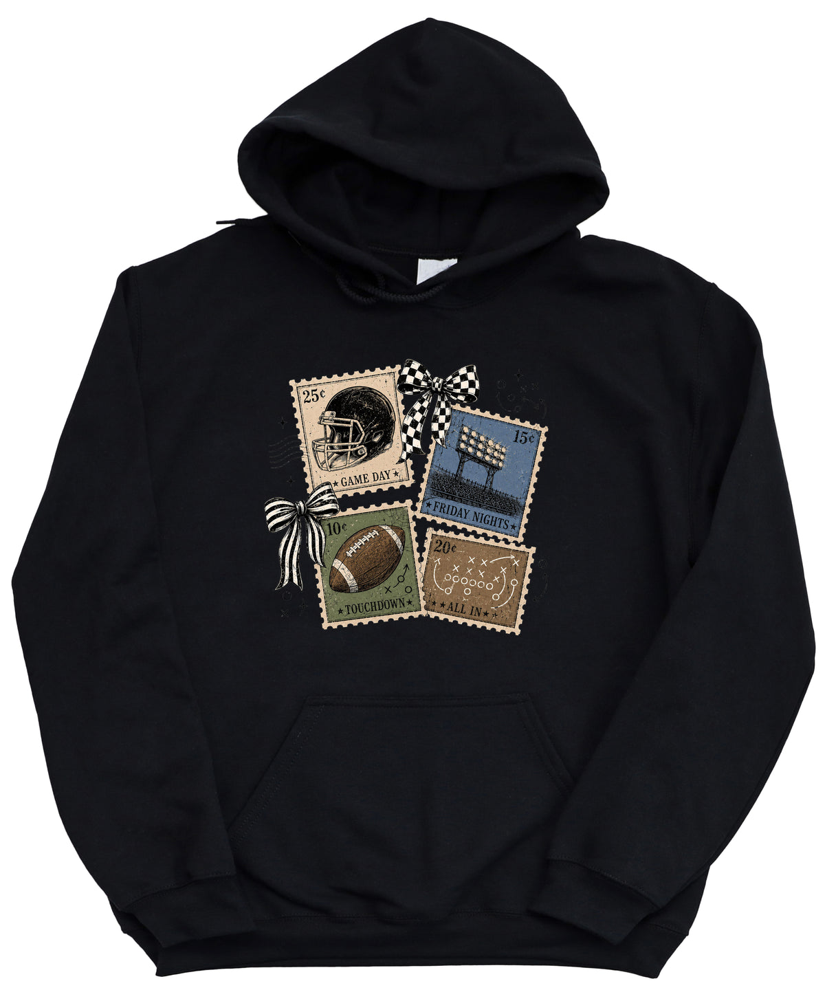 Vintage football stamps coquette bow hoodie, Black Hoodie, view 7