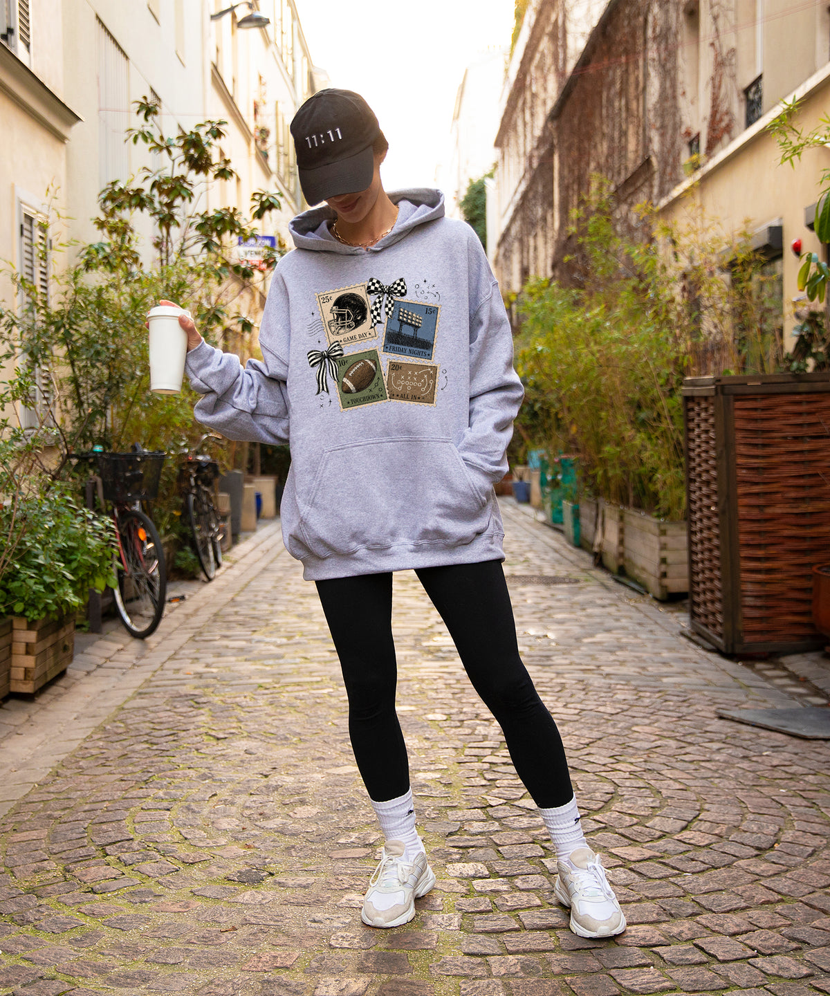 Vintage football stamps coquette bow hoodie, Gray Hoodie, view 2
