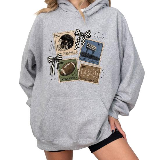 Vintage football stamps coquette bow hoodie, Gray Hoodie, view 3