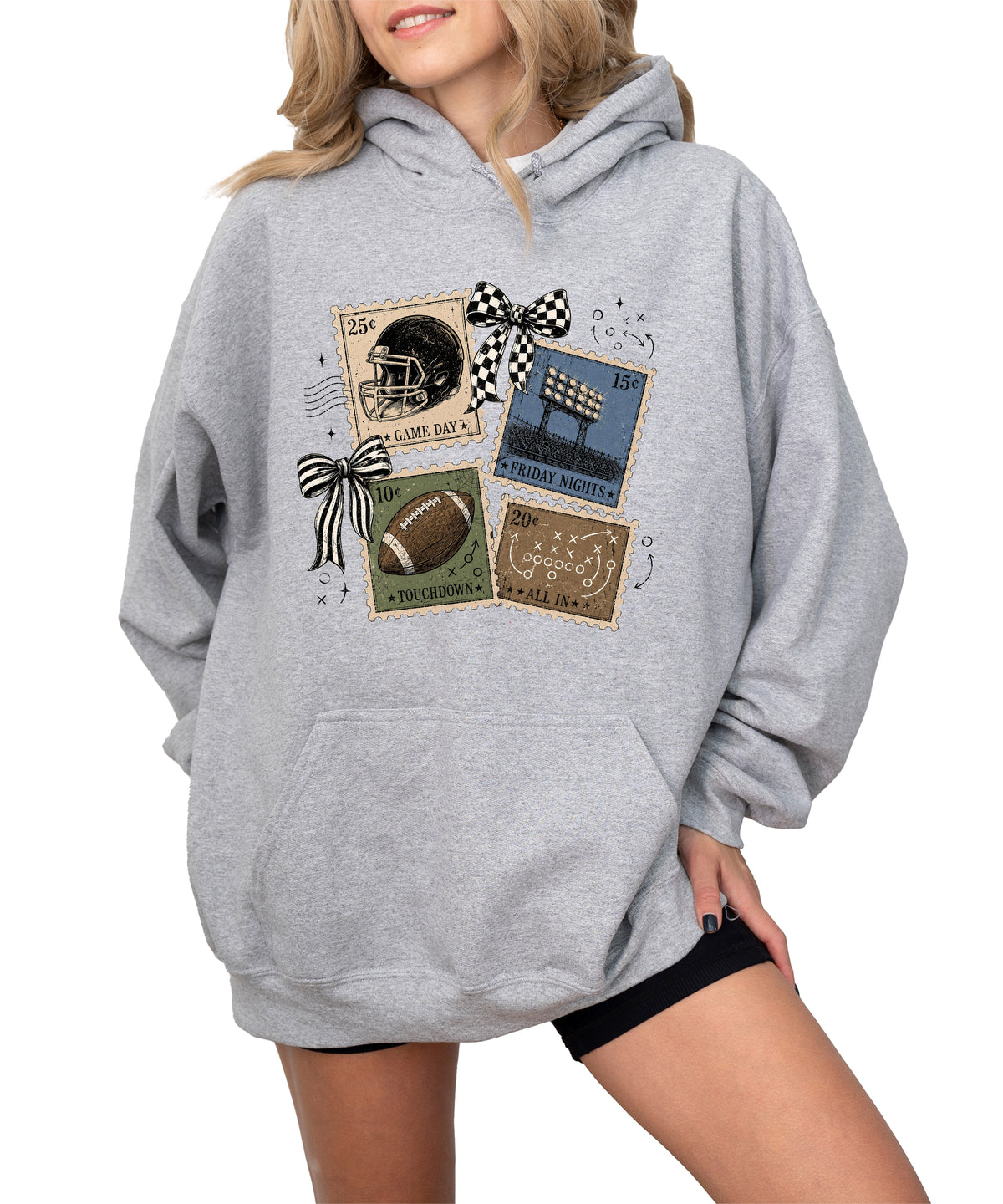 Vintage football stamps coquette bow hoodie, Gray Hoodie, view 3