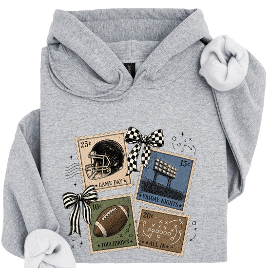 Vintage football stamps coquette bow hoodie, Gray Hoodie, view 4