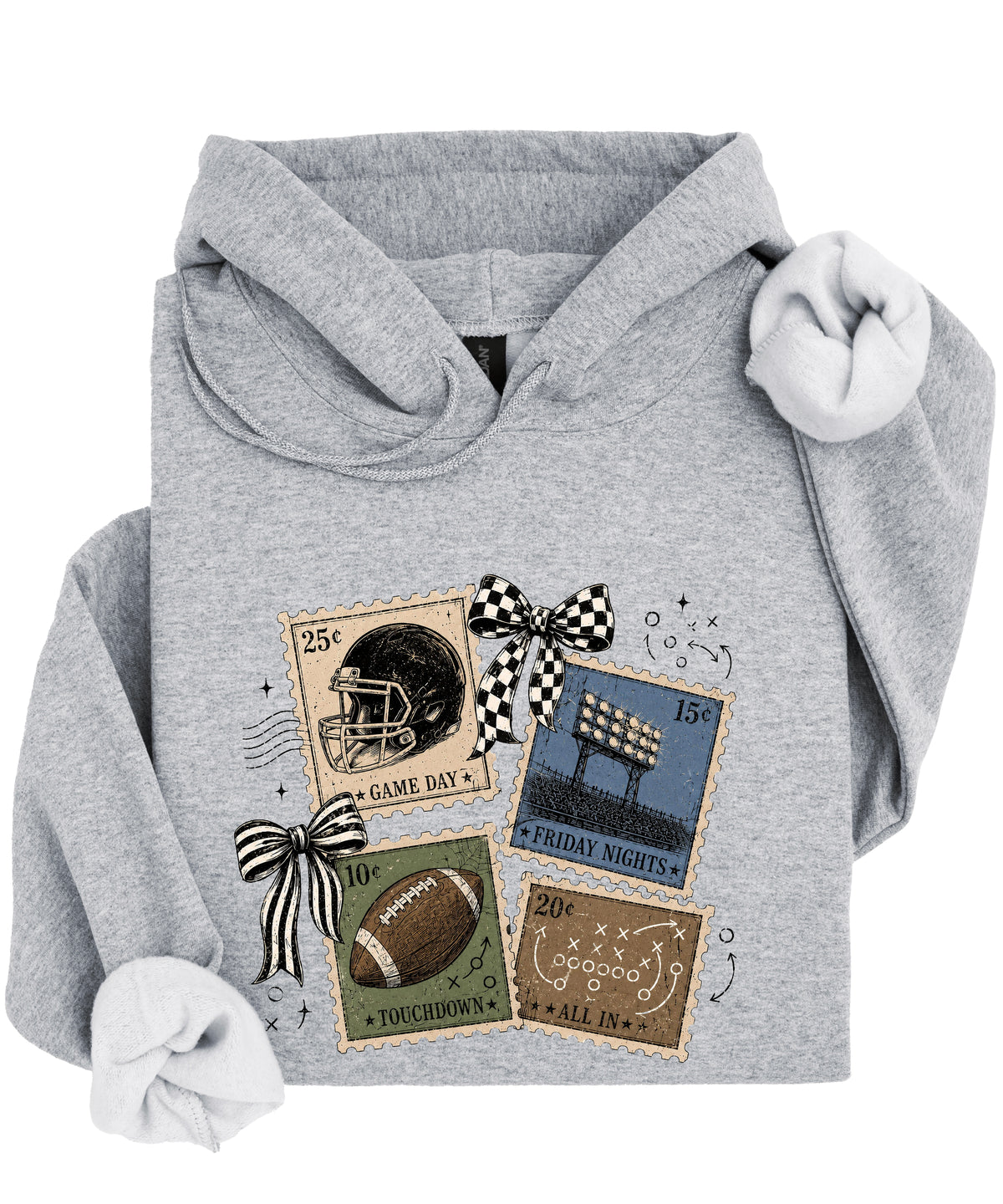 Vintage football stamps coquette bow hoodie, Gray Hoodie, view 4