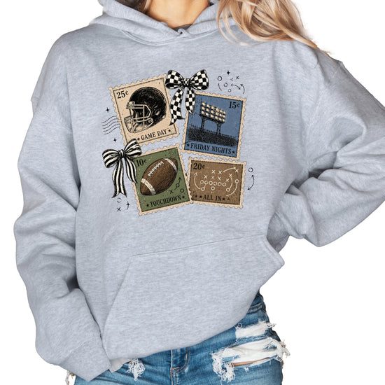 Vintage football stamps coquette bow hoodie, Gray Hoodie, view 5