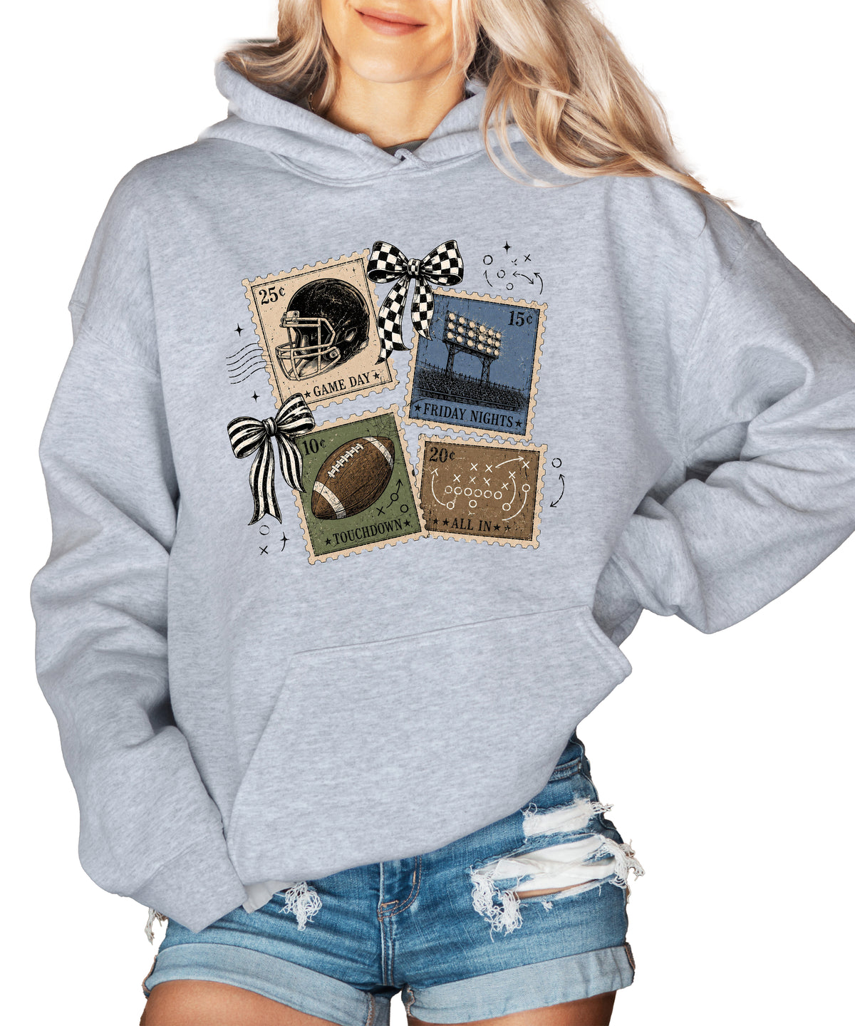Vintage football stamps coquette bow hoodie, Gray Hoodie, view 5