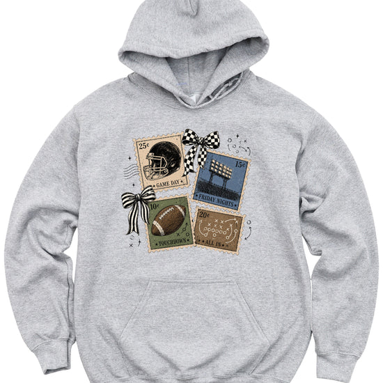 Vintage football stamps coquette bow hoodie, Gray Hoodie, view 7
