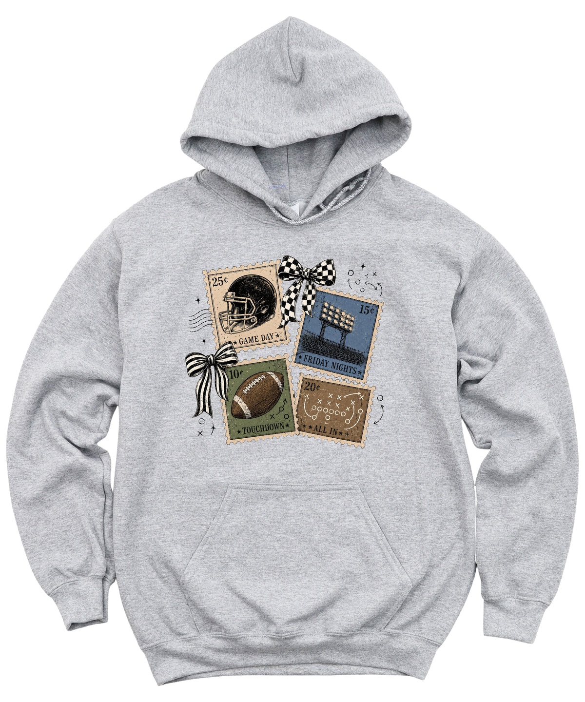 Vintage football stamps coquette bow hoodie, Gray Hoodie, view 7
