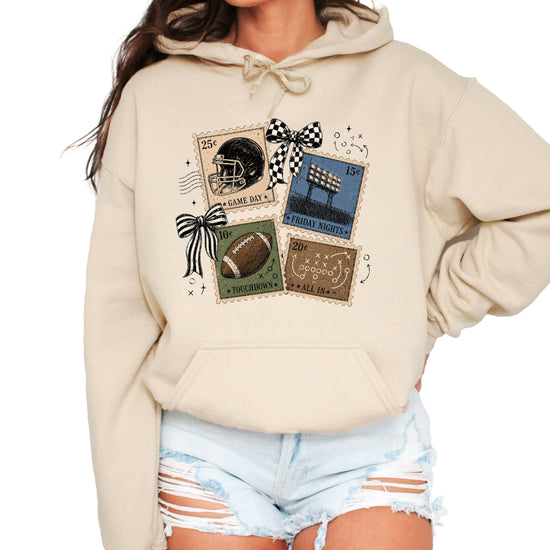 Vintage football stamps coquette bow hoodie, Sand Hoodie, view 1
