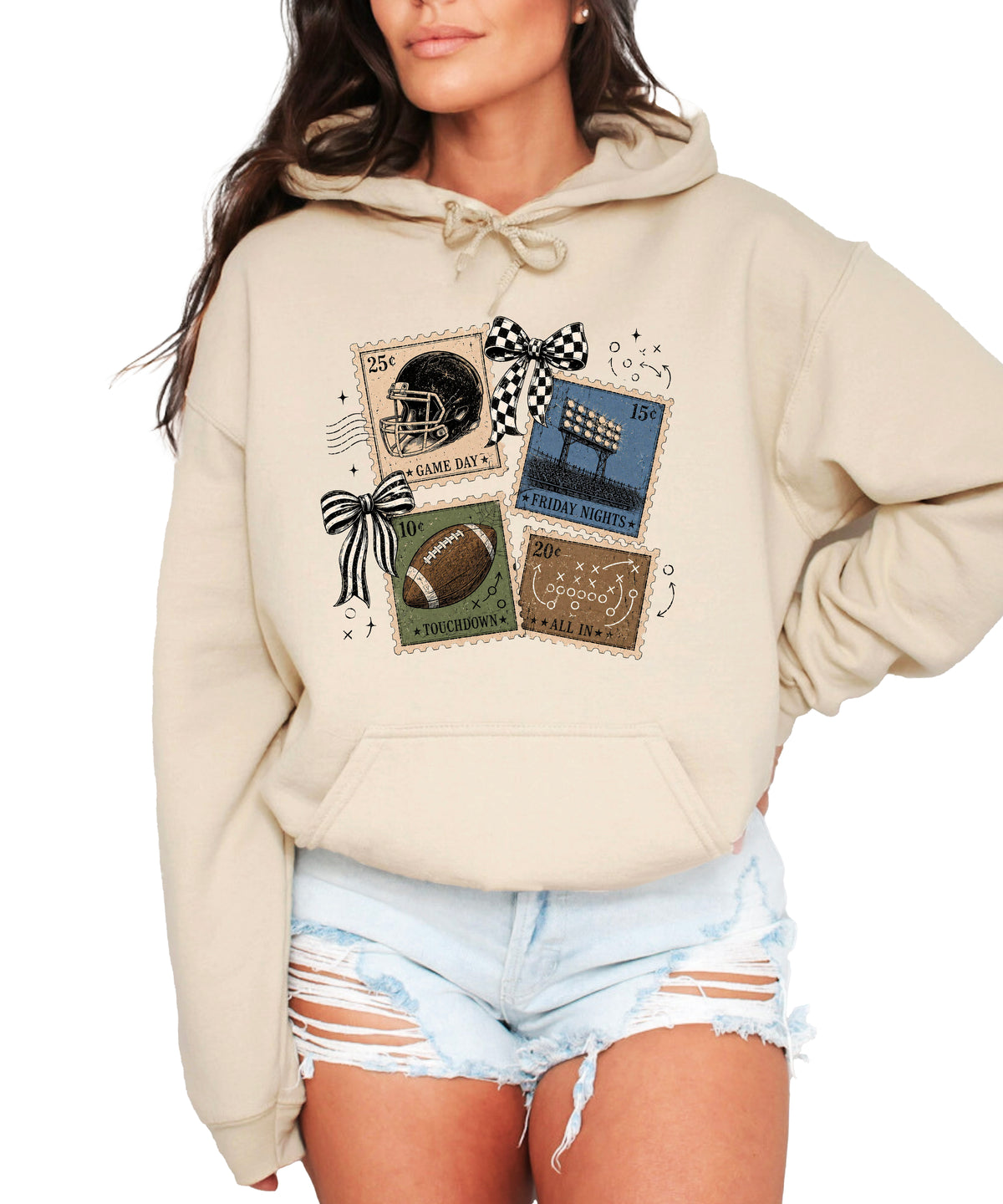 Vintage football stamps coquette bow hoodie, Sand Hoodie, view 1