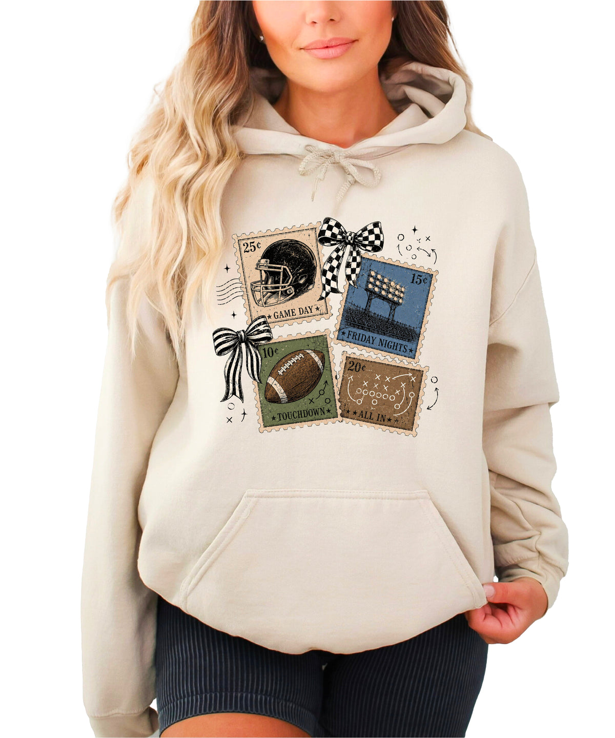 Vintage football stamps coquette bow hoodie, Sand Hoodie, view 2
