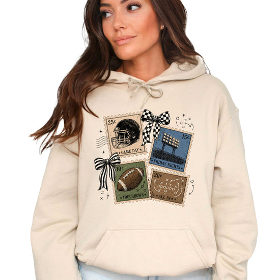 Vintage football stamps coquette bow hoodie, Sand Hoodie, view 3