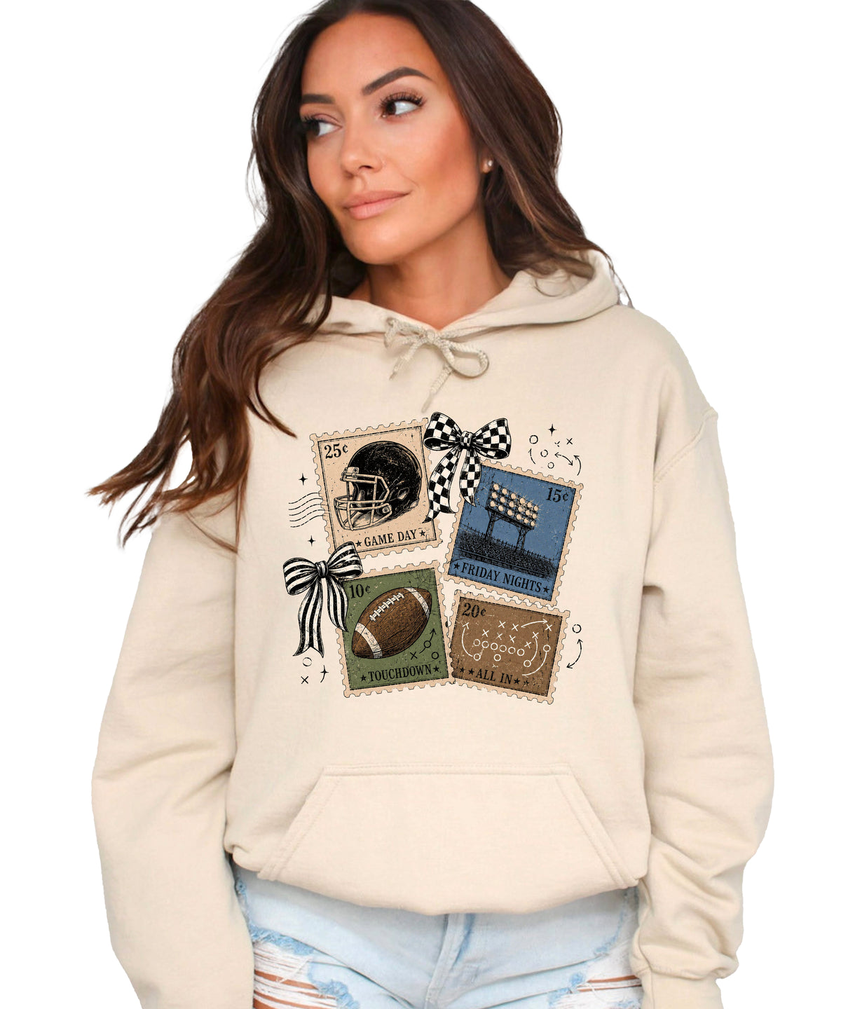 Vintage football stamps coquette bow hoodie, Sand Hoodie, view 3