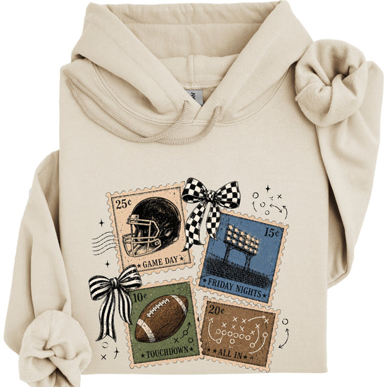 Vintage football stamps coquette bow hoodie, Sand Hoodie, view 4